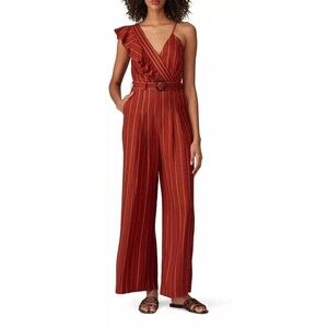 THREE FLOOR Margaux Jumpsuit XS Burnt Orange Striped Ruffle Shoulder Wide Leg B2